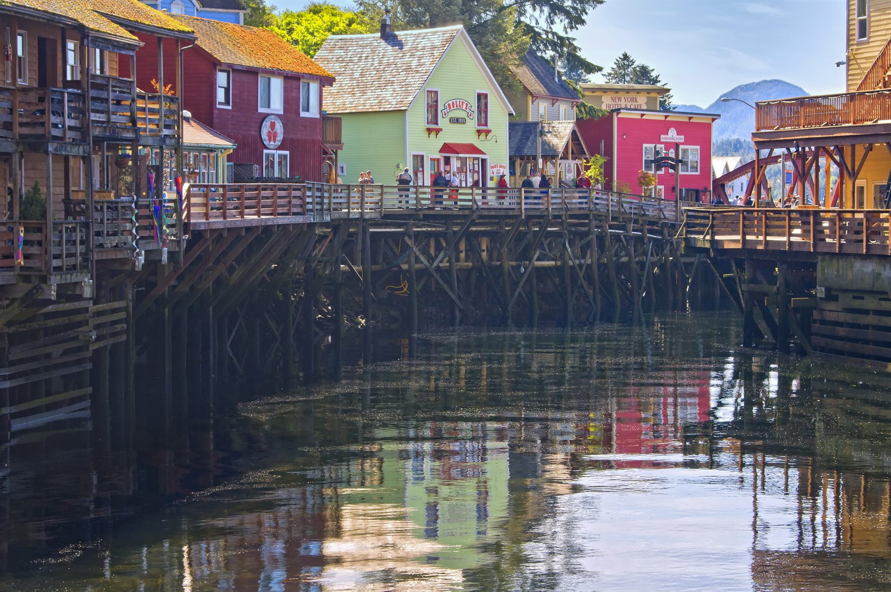 Historic wooden buildings on stilts over the creek at Creek Street, Ketchikan, Alaska